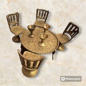 Vintage Brass Miniature Dining Set‎ With Table 4 Chairs & Goblets made in India